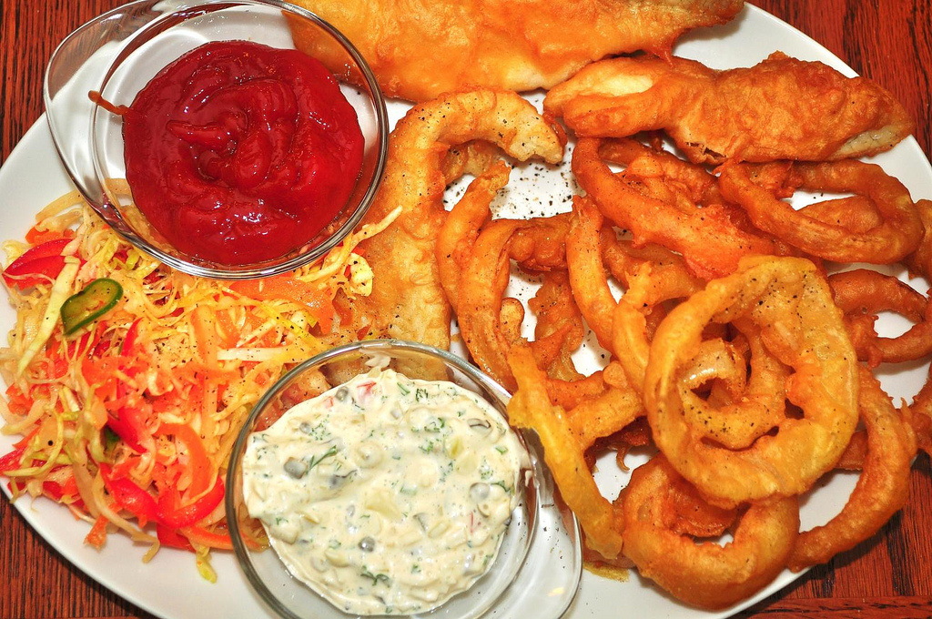 Fried bluegill fillets and onion rings